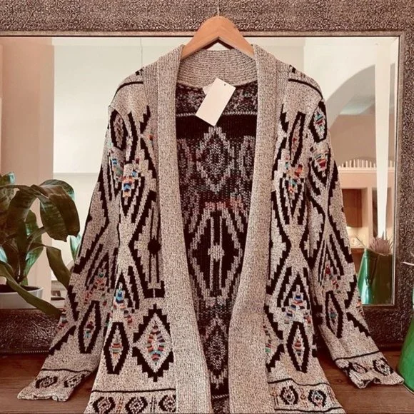 Aztec Print Cardigan Long Open Front Knit Sweater Tribal Native Pattern New - Picture 3 of 6